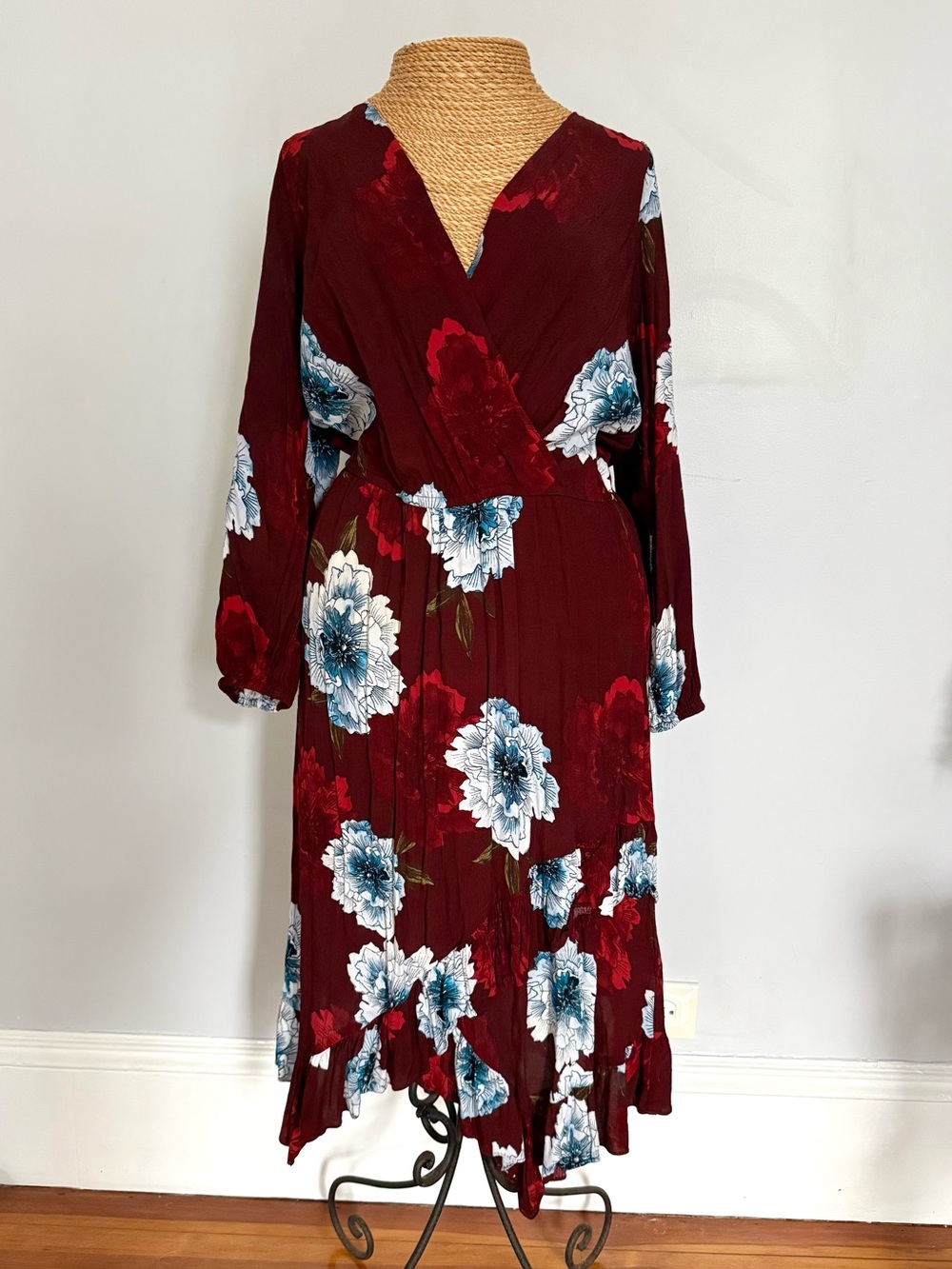 Anthropologie Plenty by Tracy Reese Burgundy Floral faux Wrap-Style Midi Dress